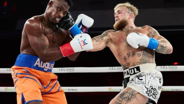 Jake Paul punches Andre August during their bout at Caribe Royale Orlando. Viddal Riley is the target of Jake Paul's mouth-watering fight which will take place on Easter Sunday, March 31, at the O2 Arena. DOUGLA P. DEFELICE/GETTY IMAGES FOR CELSIUS